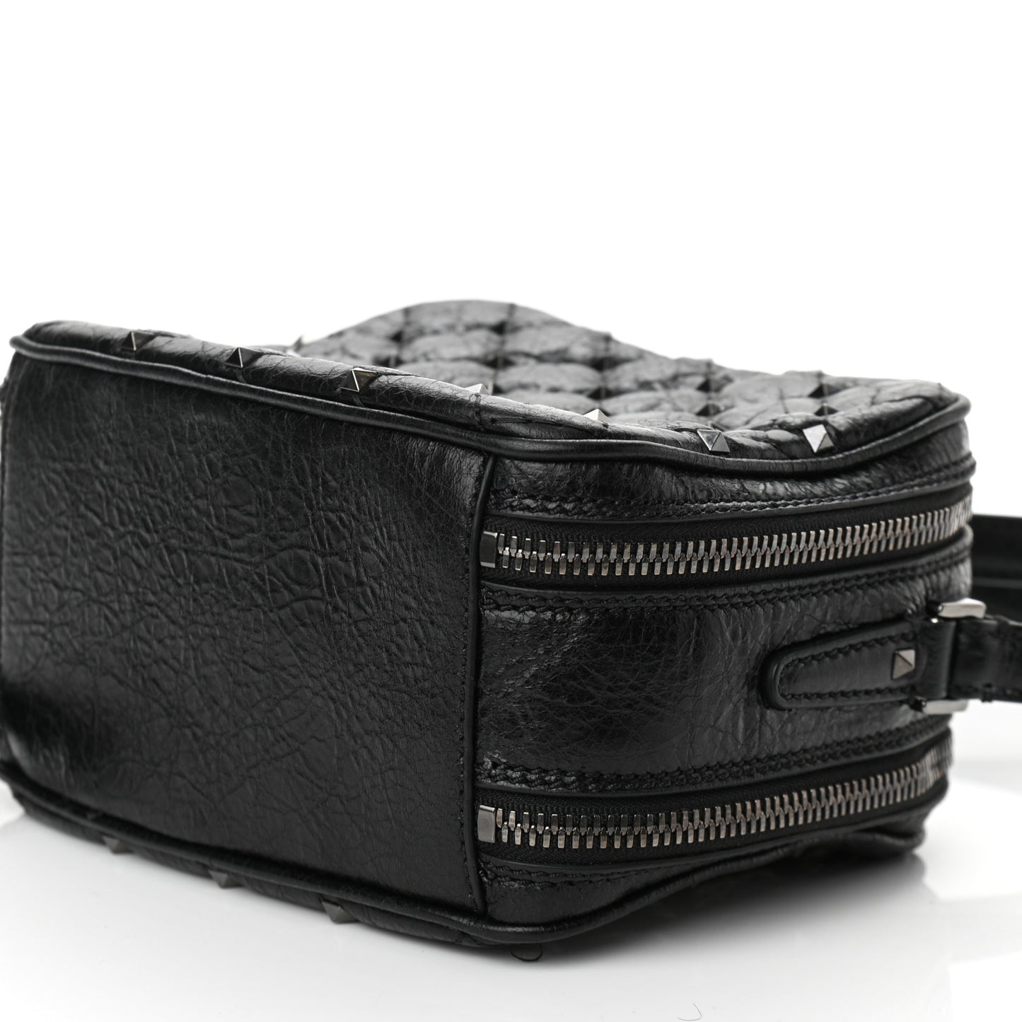 Craquele Nappa Rockstud Spike Double Zip Camera Crossbody Bag Black