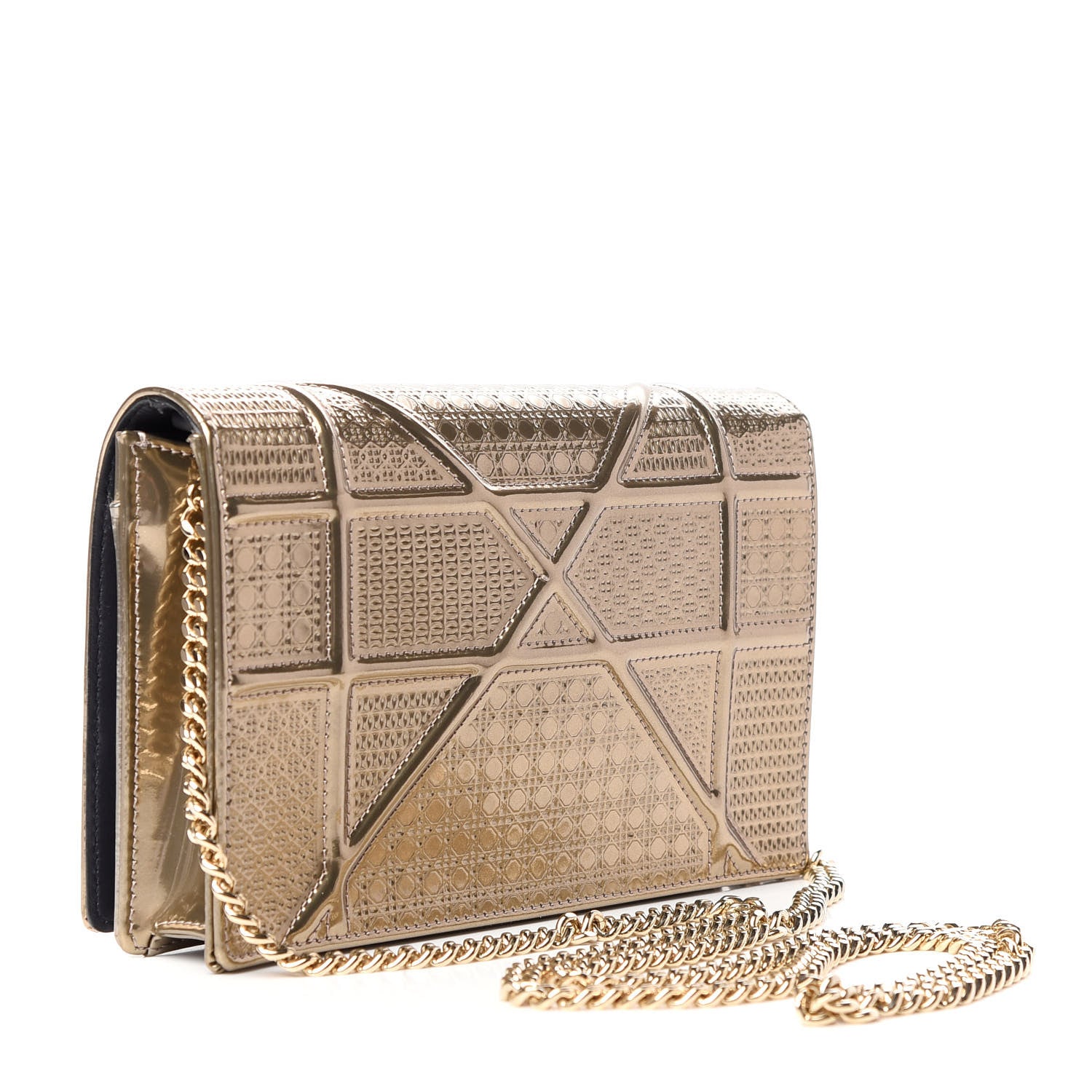 Christian Dior Metallic Patent Micro-Cannage Diorama Wallet on Chain Pouch Gold 3 of 8