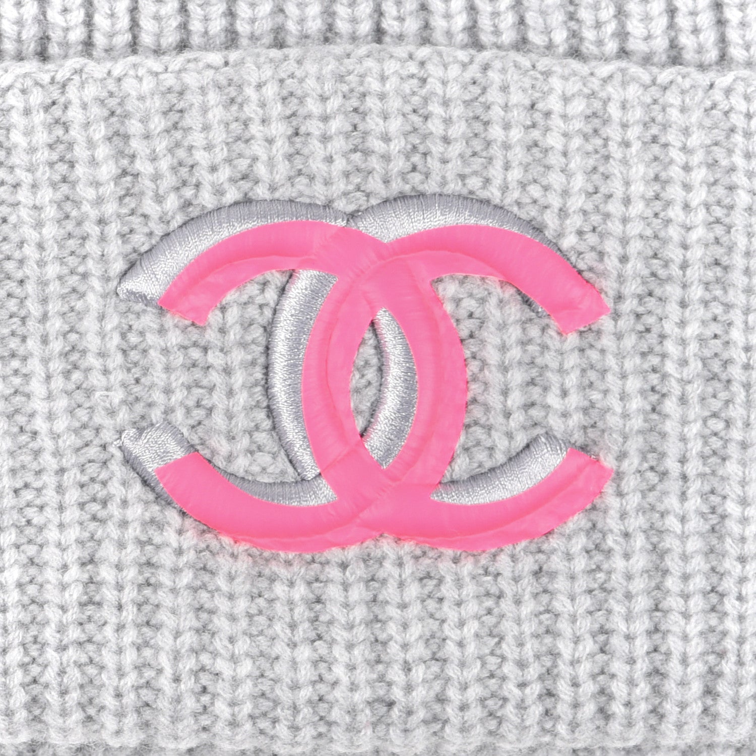 Chanel Wool Cashmere CC Beanie Hat Light Grey Fuchsia 3 of 5