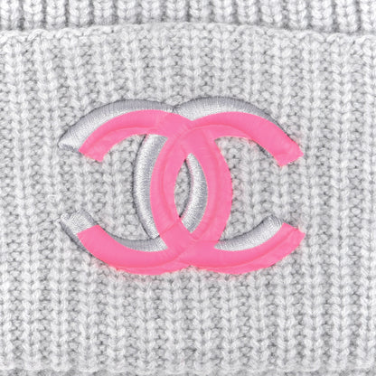 Chanel Wool Cashmere CC Beanie Hat Light Grey Fuchsia 3 of 5