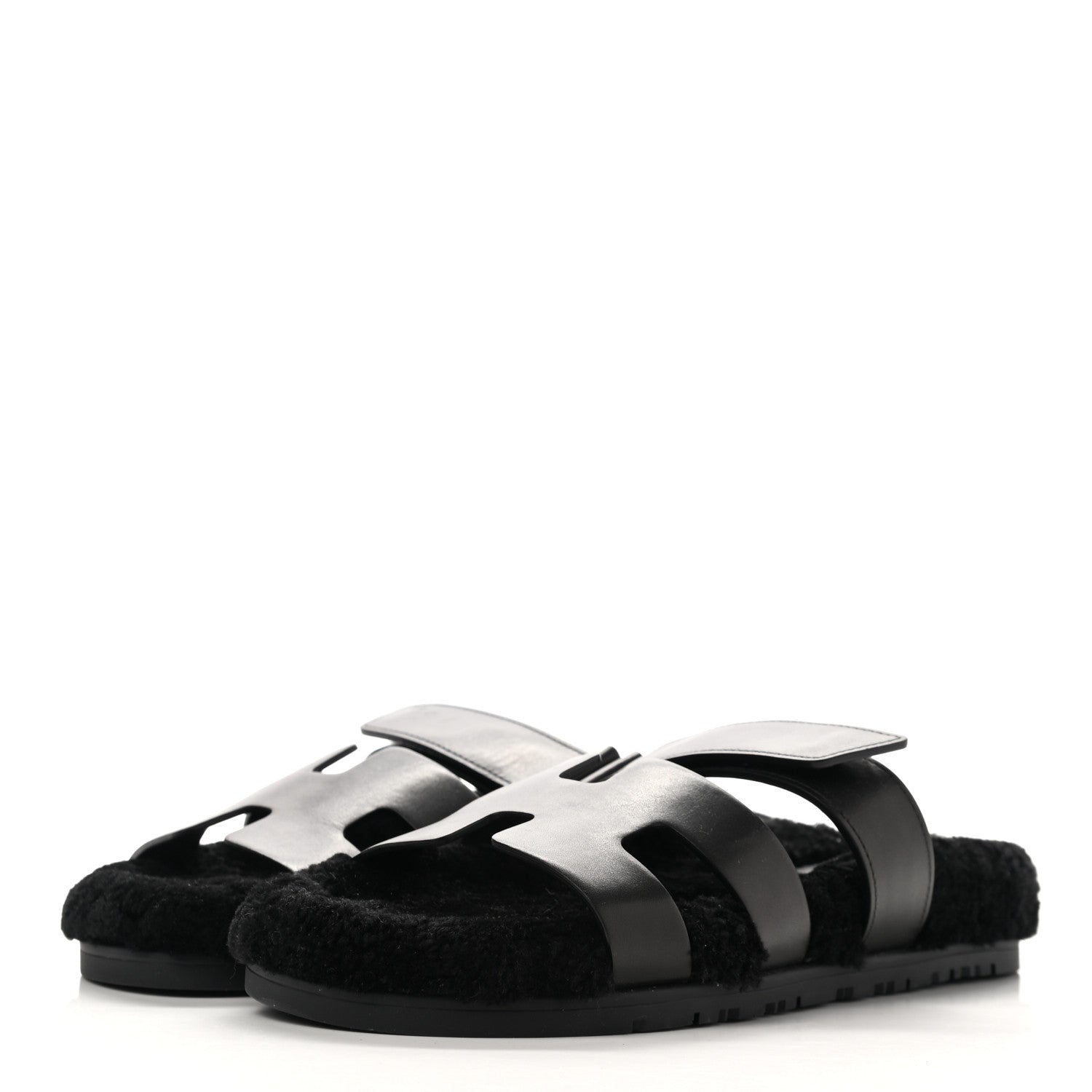 Hermes Calfskin Woolskin Womens Chypre Sandals 38 Black 3 of 9