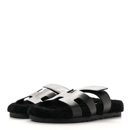 Hermes Calfskin Woolskin Womens Chypre Sandals 38 Black 3 of 9