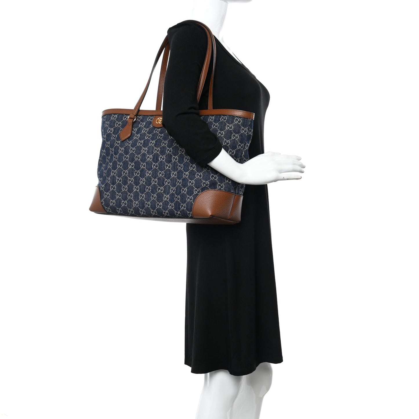 New Denim GG Monogram Medium Ophidia Shopping Tote Blue Tea Cuir