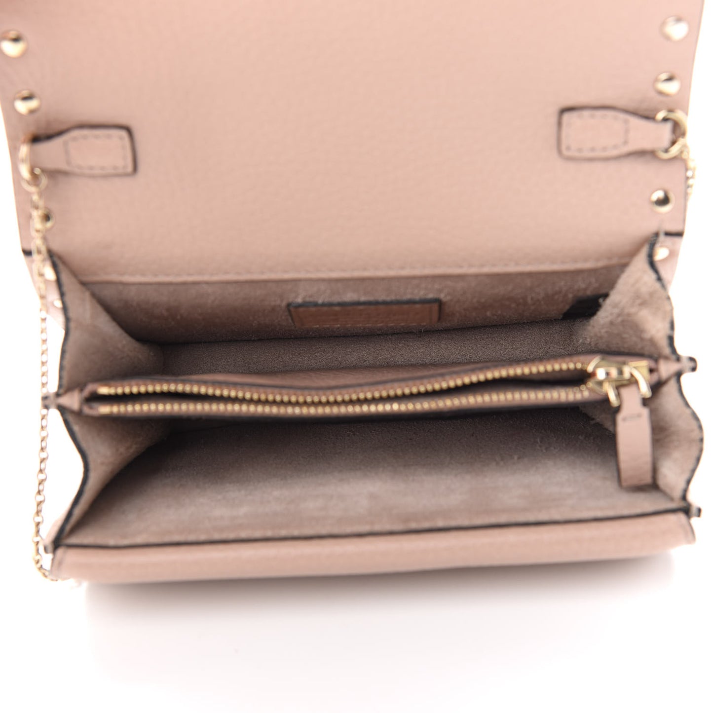 Pebbled Calfskin Rockstud Wallet on Chain Poudre