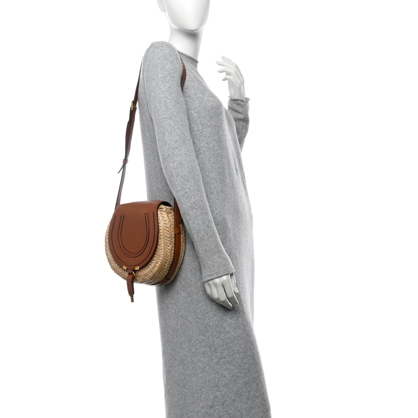 Raffia Small Grain Calfskin Small Marcie Basket Crossbody Tan