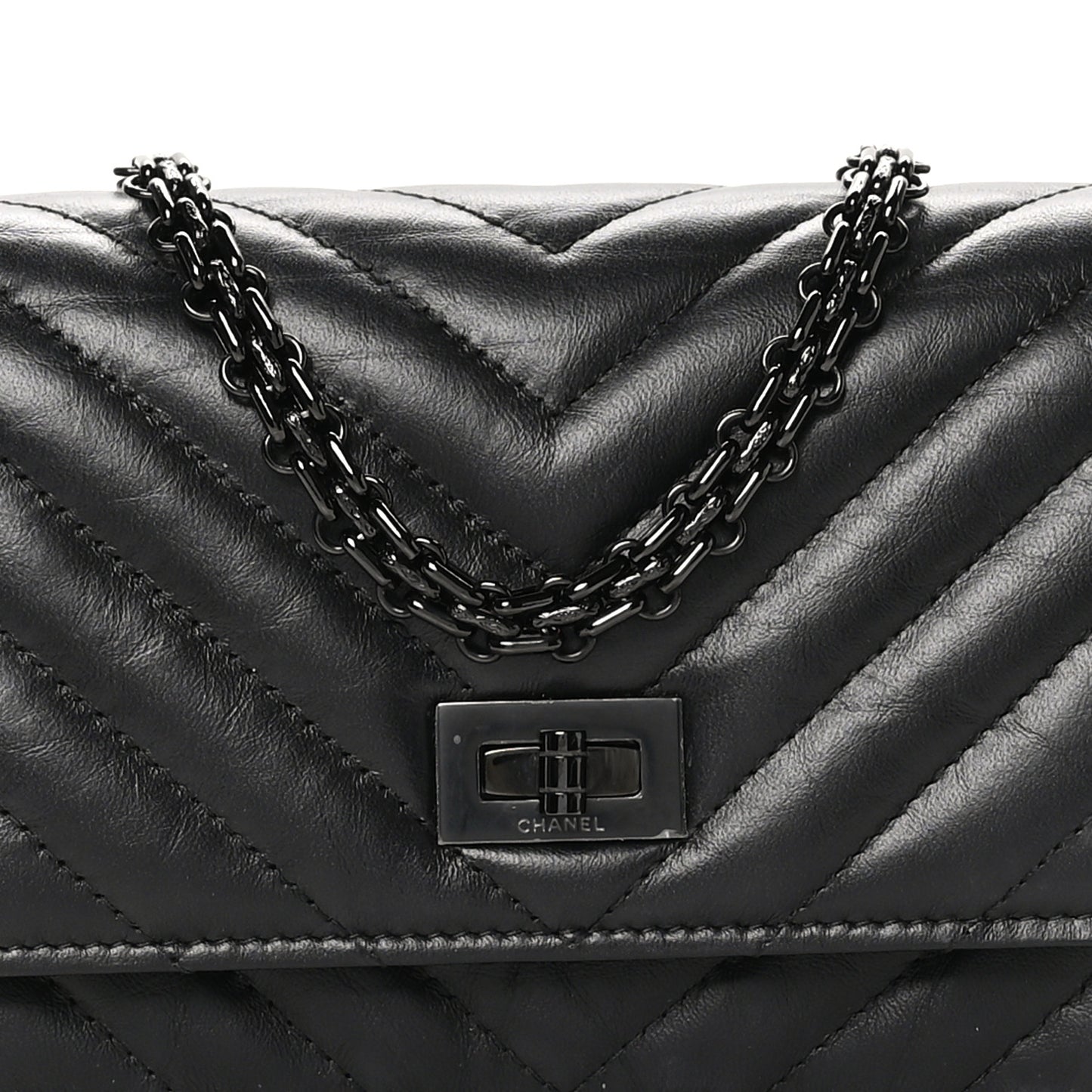 Aged Calfskin Chevron Quilted Reissue 2.55 Square Wallet On Chain WOC So Black