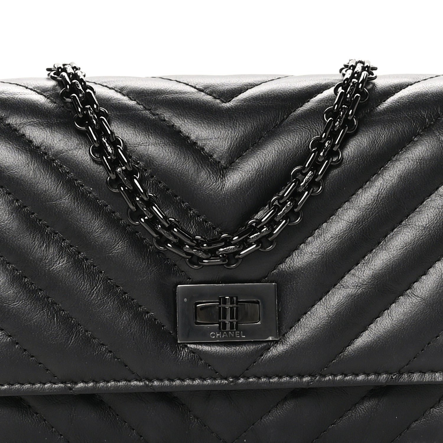 Chanel Aged Calfskin Chevron Quilted Reissue 2.55 Square Wallet On Chain WOC So Black 8 of 10