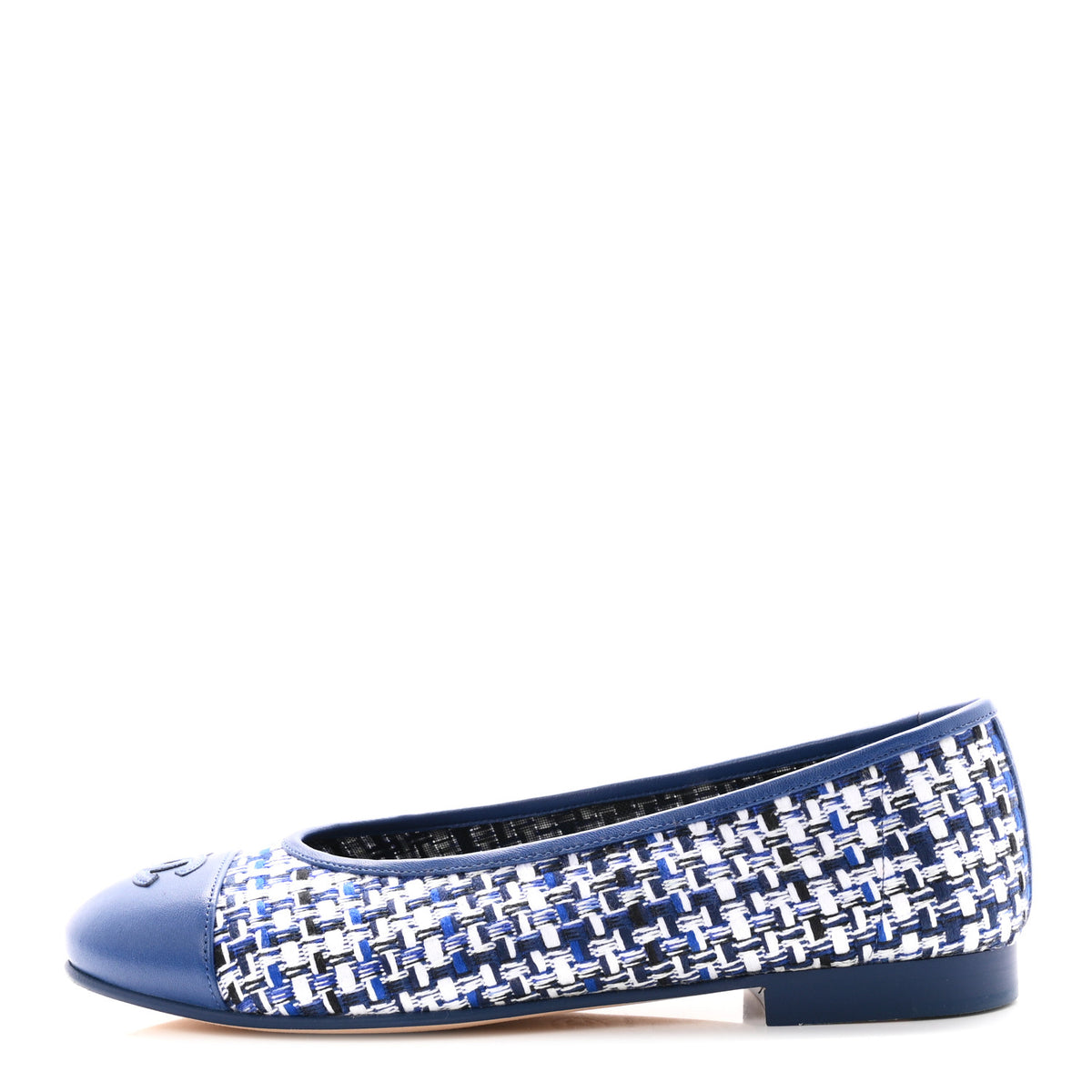 Chanel Tweed Lambskin CC Cap Toe Ballerina Flats 37.5 White Blue 1 of 9