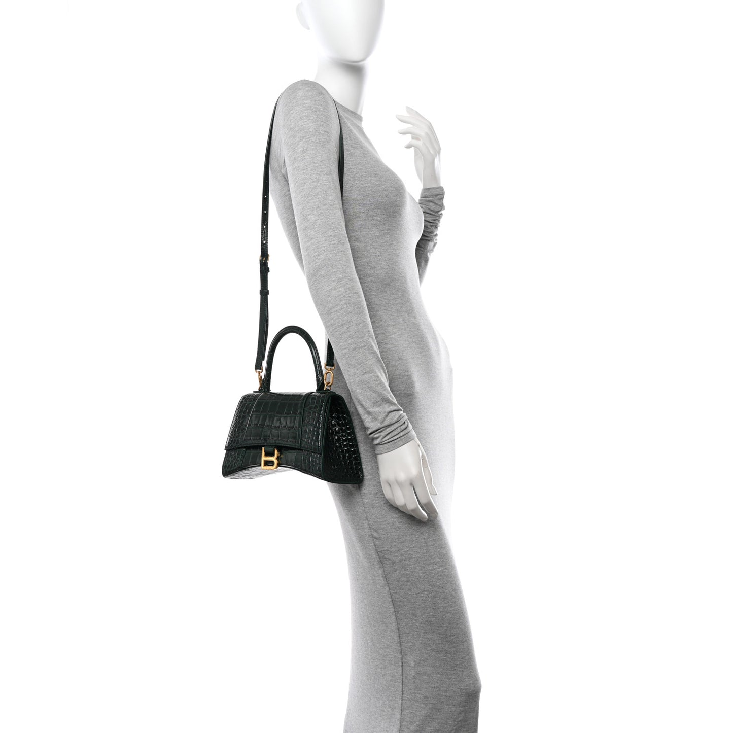 Shiny Calfskin Crocodile Embossed Small Hourglass Top Handle Bag Forest Green