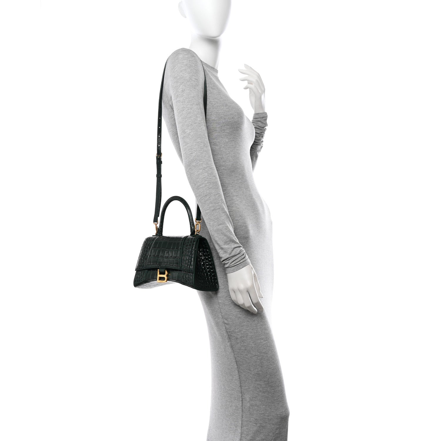 Balenciaga Shiny Calfskin Crocodile Embossed Small Hourglass Top Handle Bag Forest Green 2 of 12