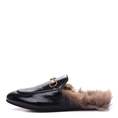 Gucci Patent Fur Womens Princetown Slippers 37.5 Black 1 of 10