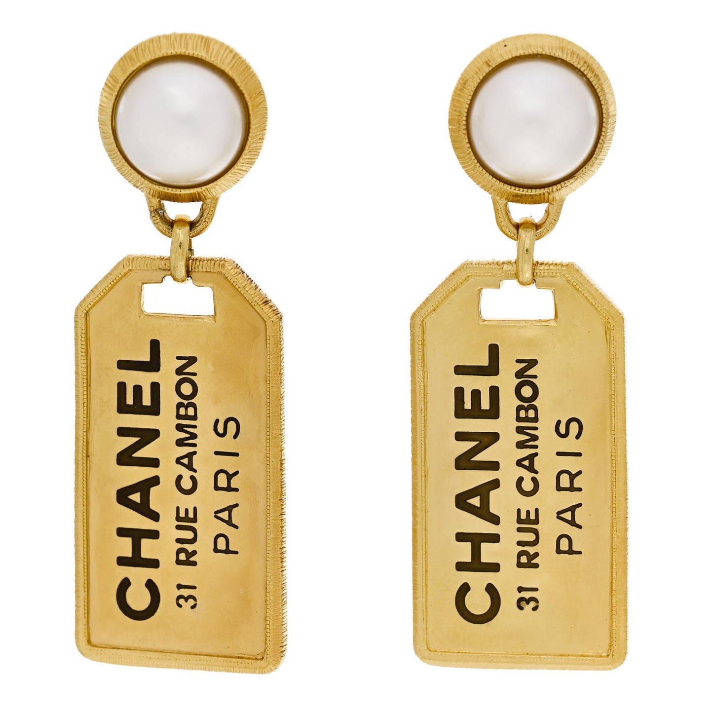 Pearl CC Tags Drop Earrings Gold