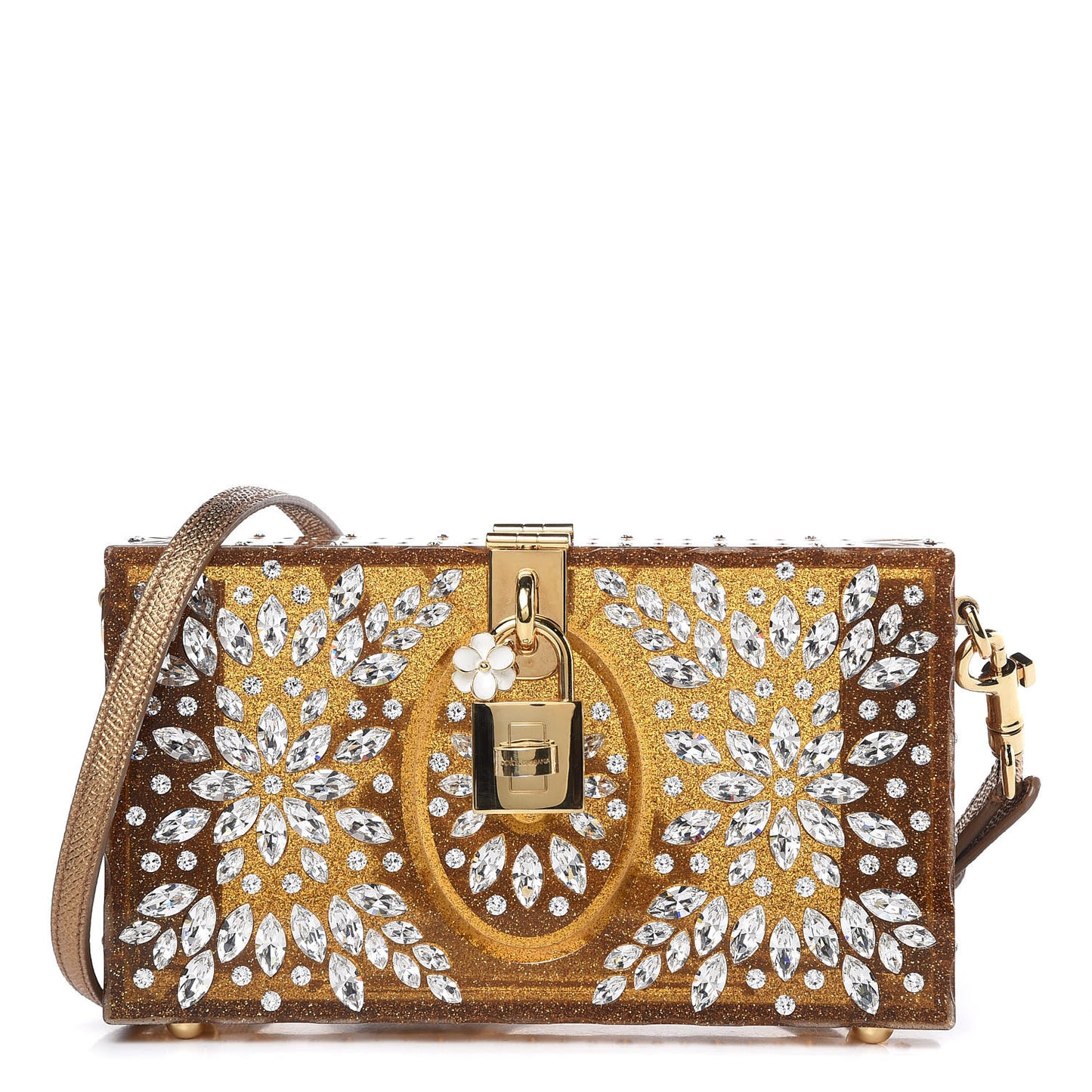 Crystal Embellished Plexiglass Dolce Box Clutch Gold
