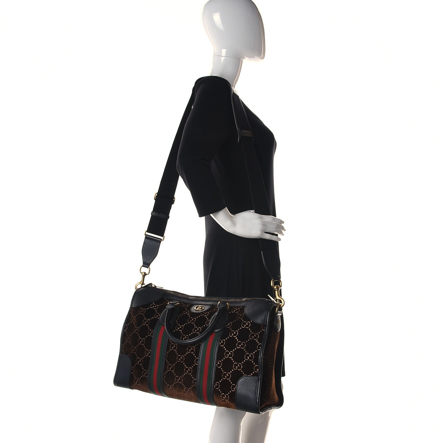 Gucci Velvet GG Monogram Textured Calfskin Web Medium Duffle Bag Brown Black 2 of 19