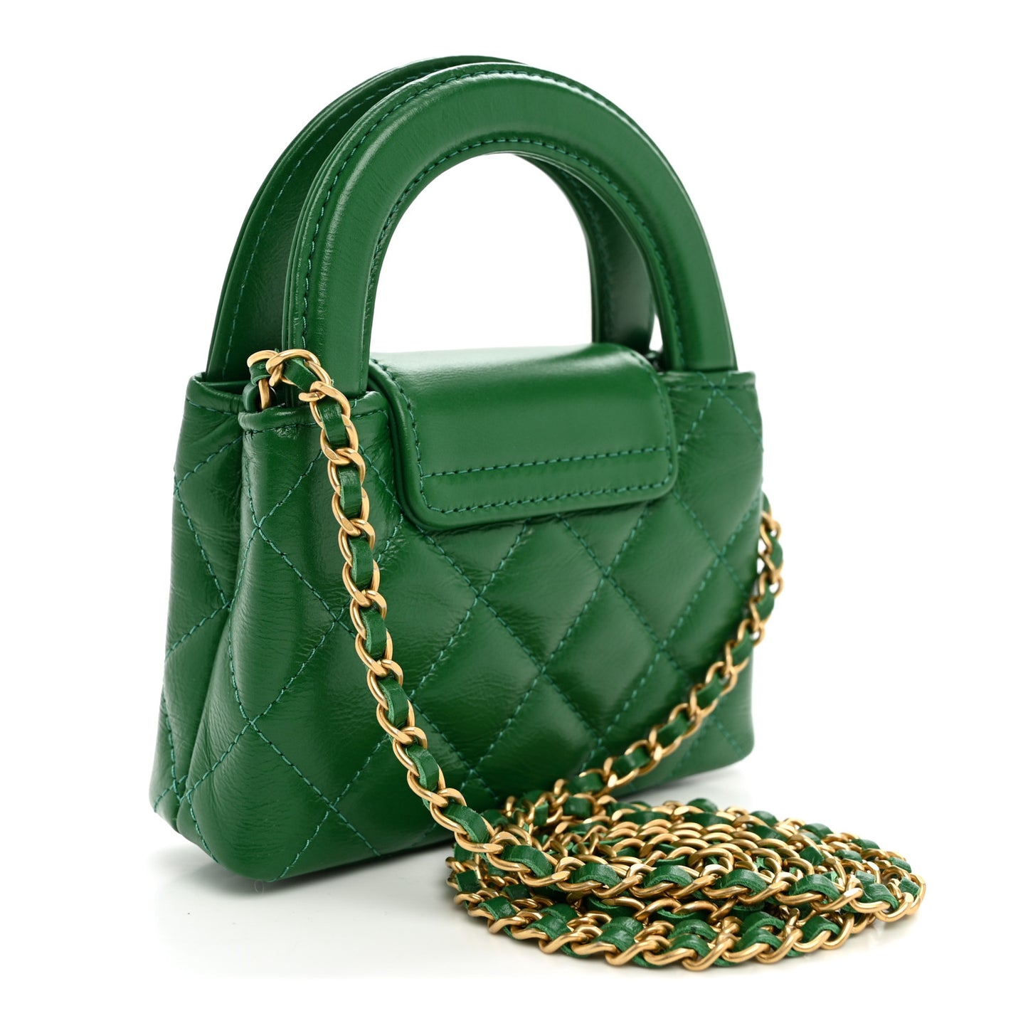 Shiny Aged Calfskin Quilted Mini Nano Kelly Shopper Green