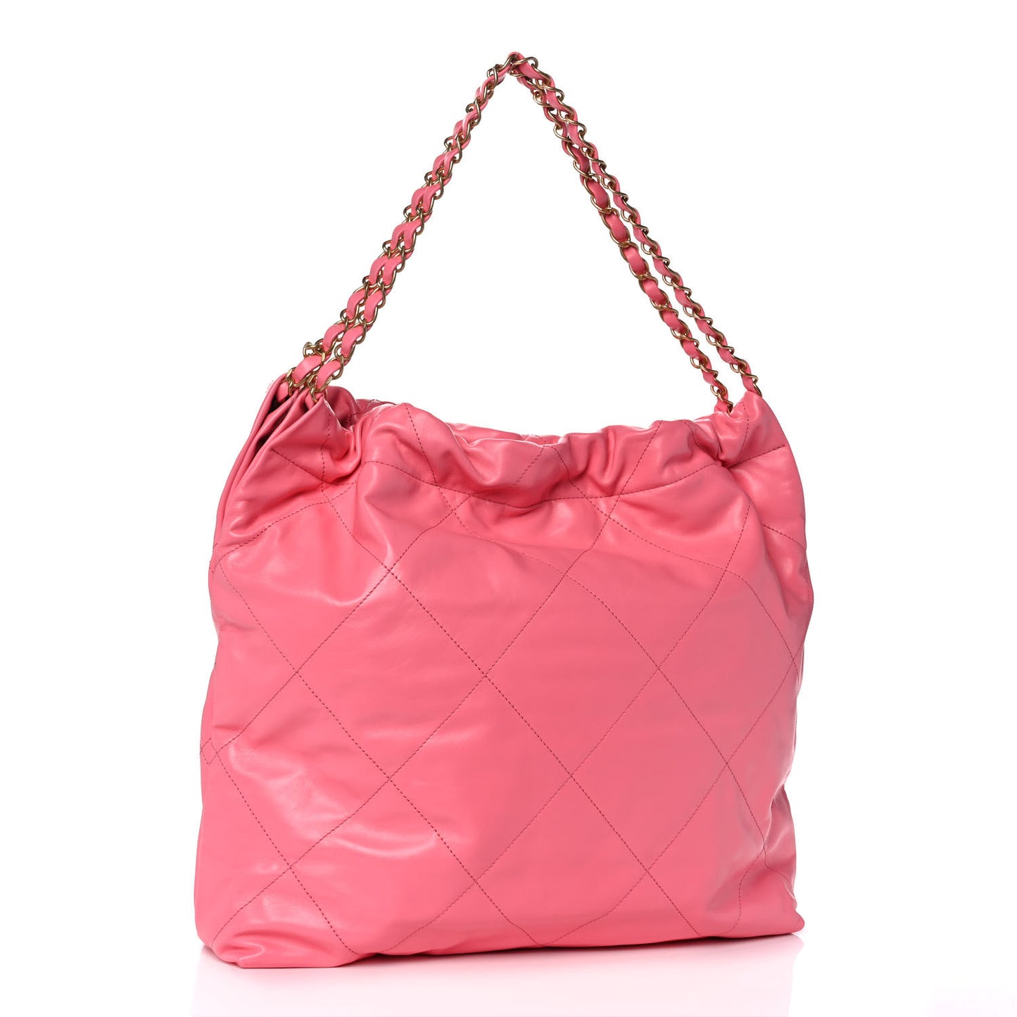 Shiny Calfskin Quilted Chanel 22 Drawstring Bag Coral Pink