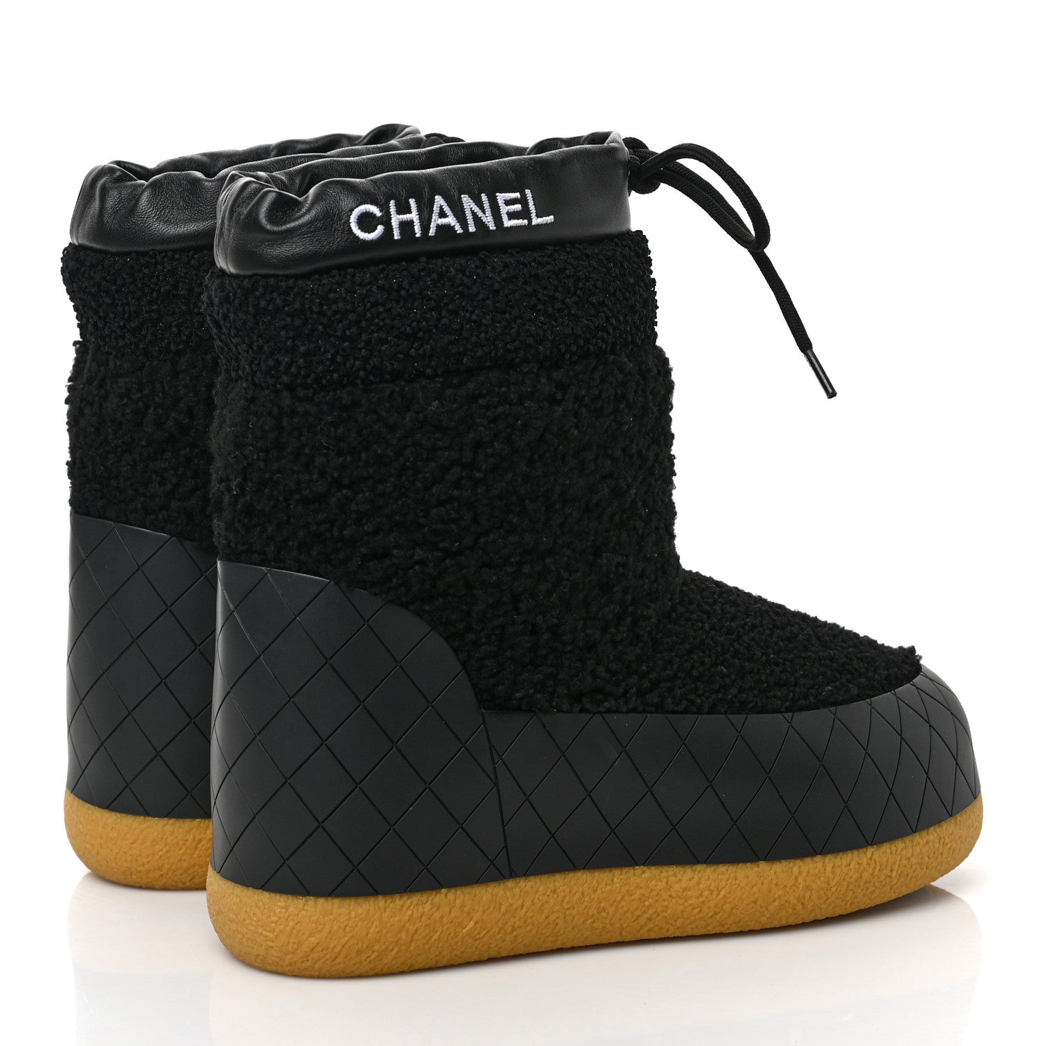 Chanel Tweed Shearling Sheepskin Drawstring Snow Ankle Boots 35 Black 4 of 9