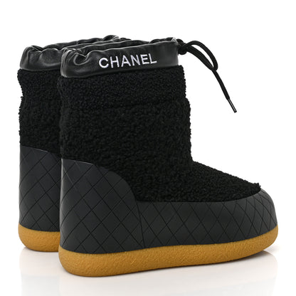 Chanel Tweed Shearling Sheepskin Drawstring Snow Ankle Boots 35 Black 4 of 9
