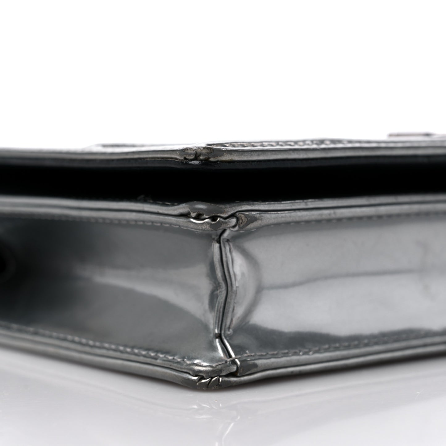 Metallic Patent Micro-Cannage Diorama Wallet on Chain Pouch Silver