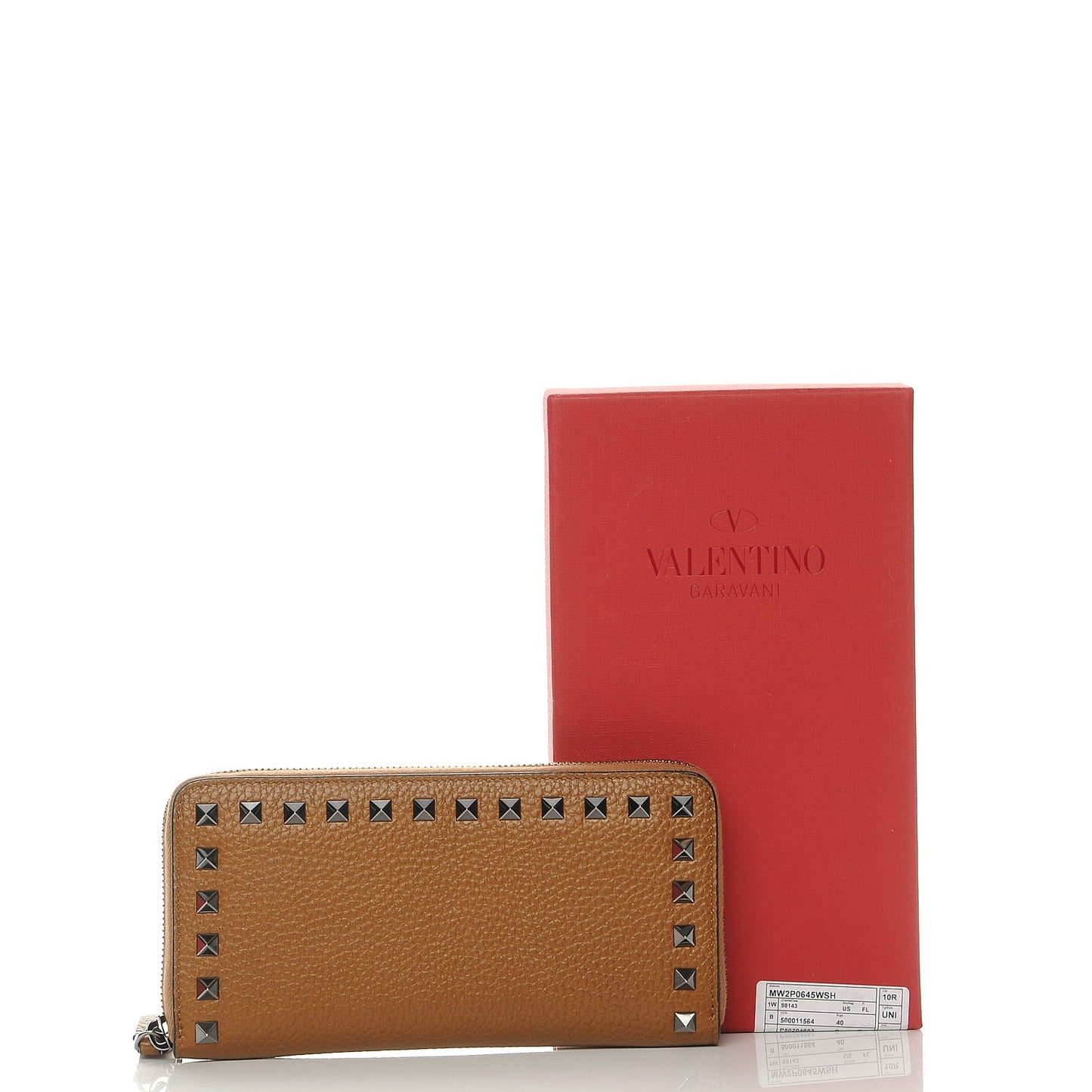Grained Calfskin Rockstud Zip Around Wallet Bright Cognac
