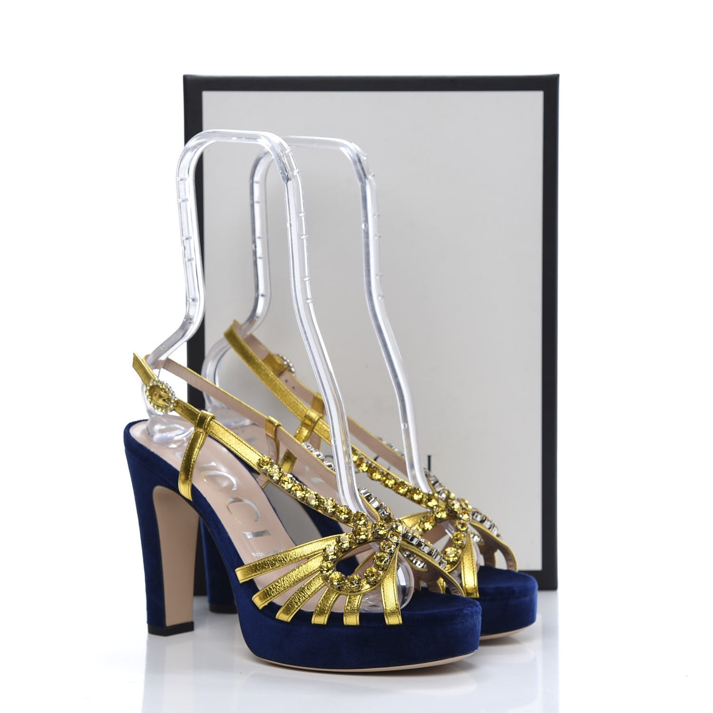 Velvet Nappa Crystal Zephyra Slingback Platform High Heel Sandals 38 Blue Gold