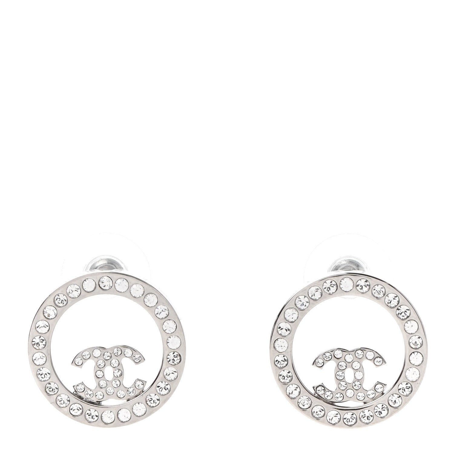 Chanel Crystal CC Round Earrings Silver 1 of 4