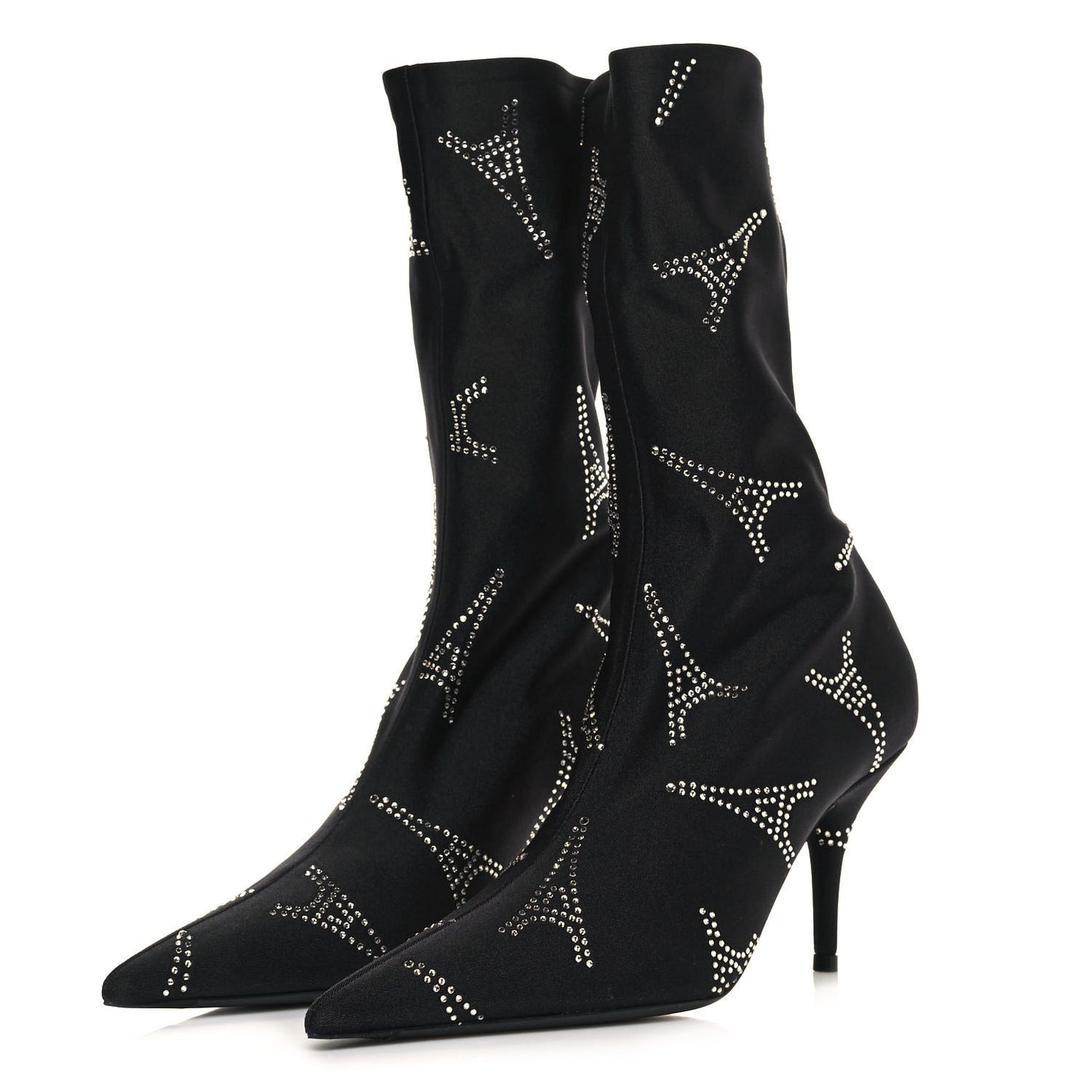 Spandex Crystal Eiffel Tower Print Extreme Pointed Toe Knife Ankle Boots 37.5 Black