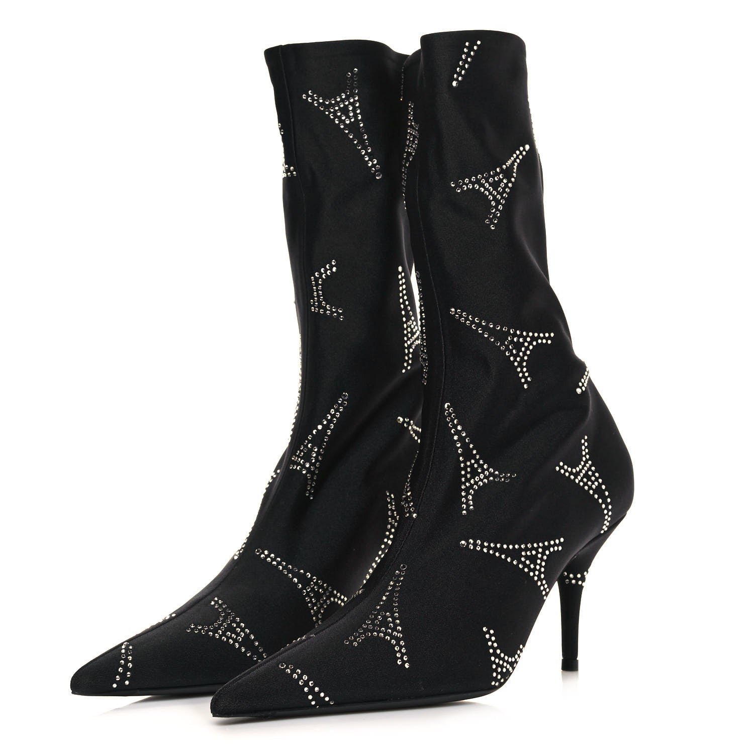 Balenciaga Spandex Crystal Eiffel Tower Print Extreme Pointed Toe Knife Ankle Boots 37.5 Black 3 of 6