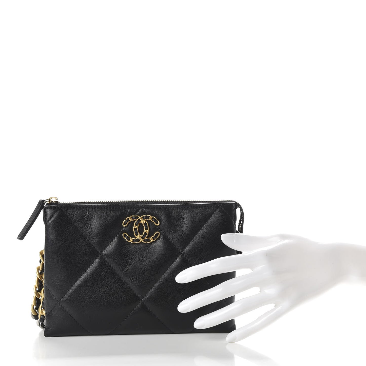 Shiny Goatskin Quilted Small Chanel 19 Pouch With Handle Black
