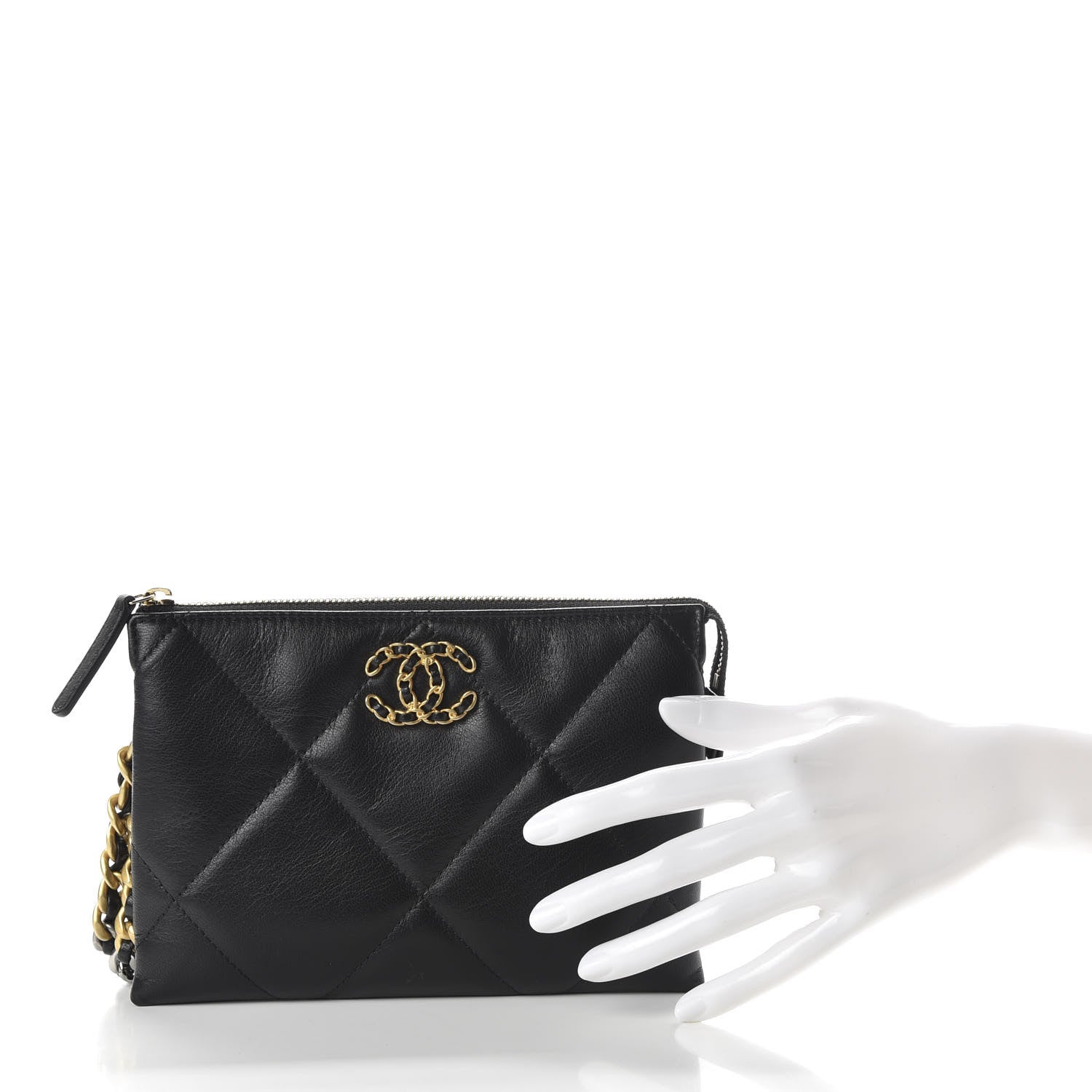 Chanel Shiny Goatskin Quilted Small Chanel 19 Pouch With Handle Black 3 of 19