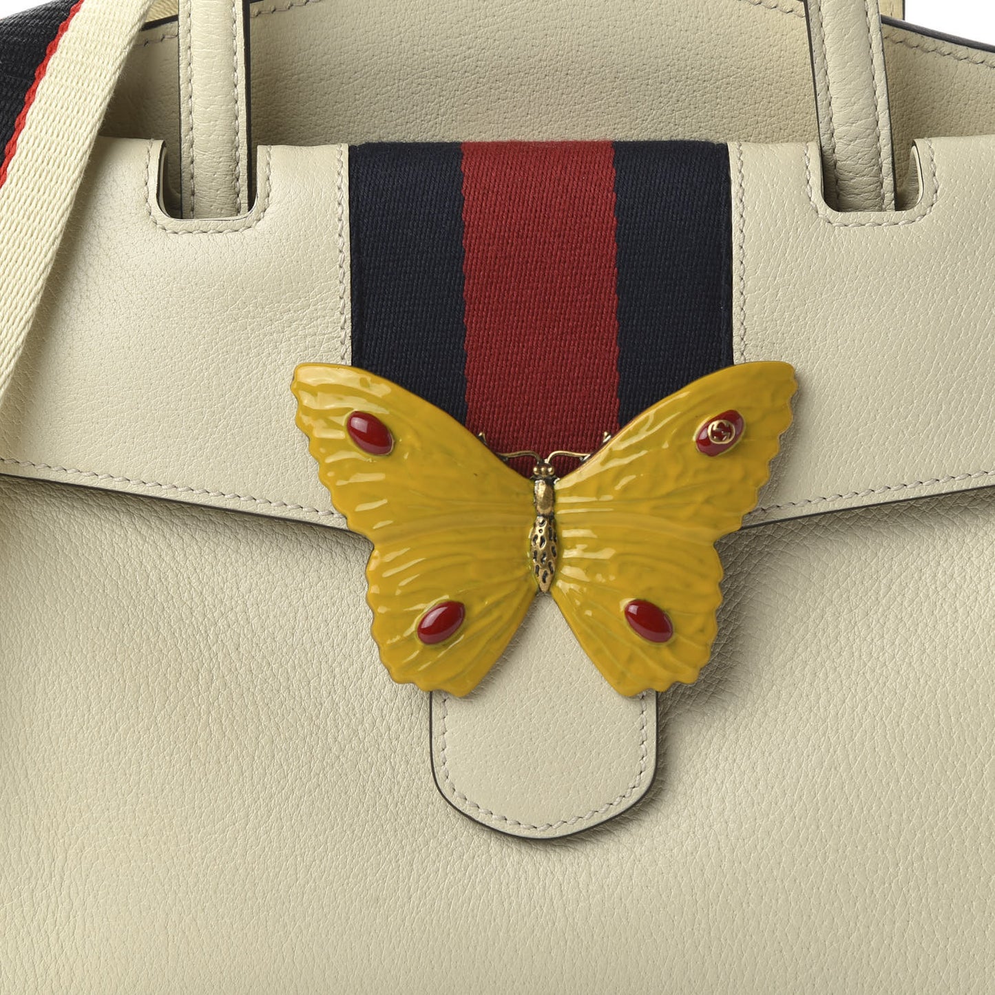 Grained Calfskin Web Stripe Butterfly Medium Totem Top Handle Bag White