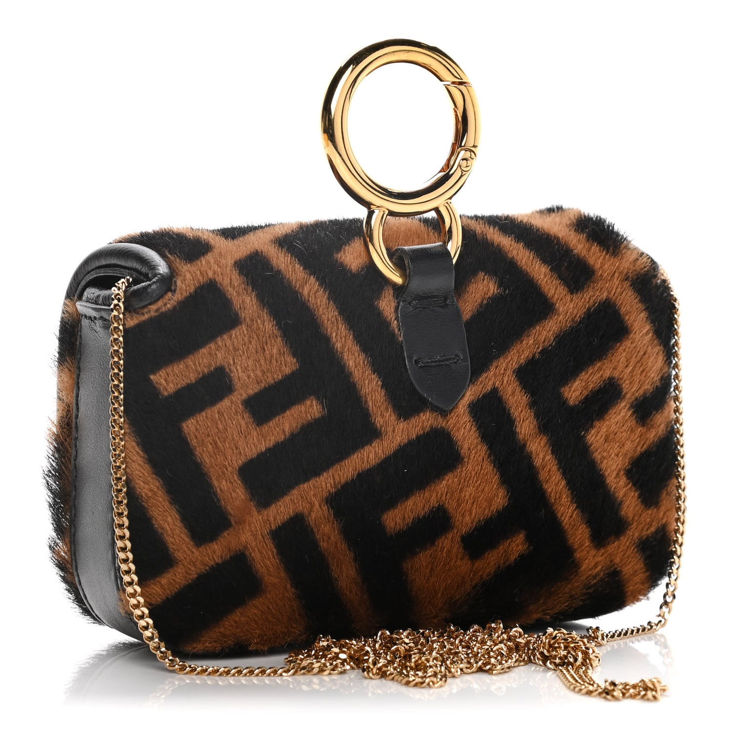 Sheared Sheepskin Vitello King FF Nano Baguette Charm Tobacco Moro Black