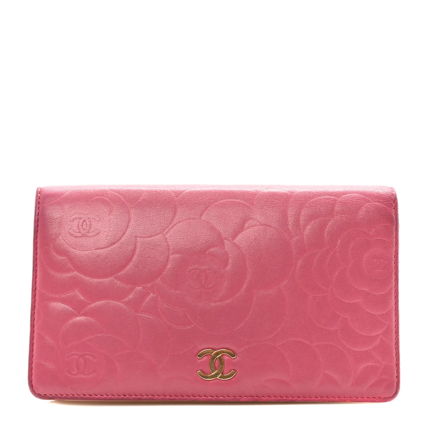 Lambskin Camellia Embossed Yen Wallet Fuchsia