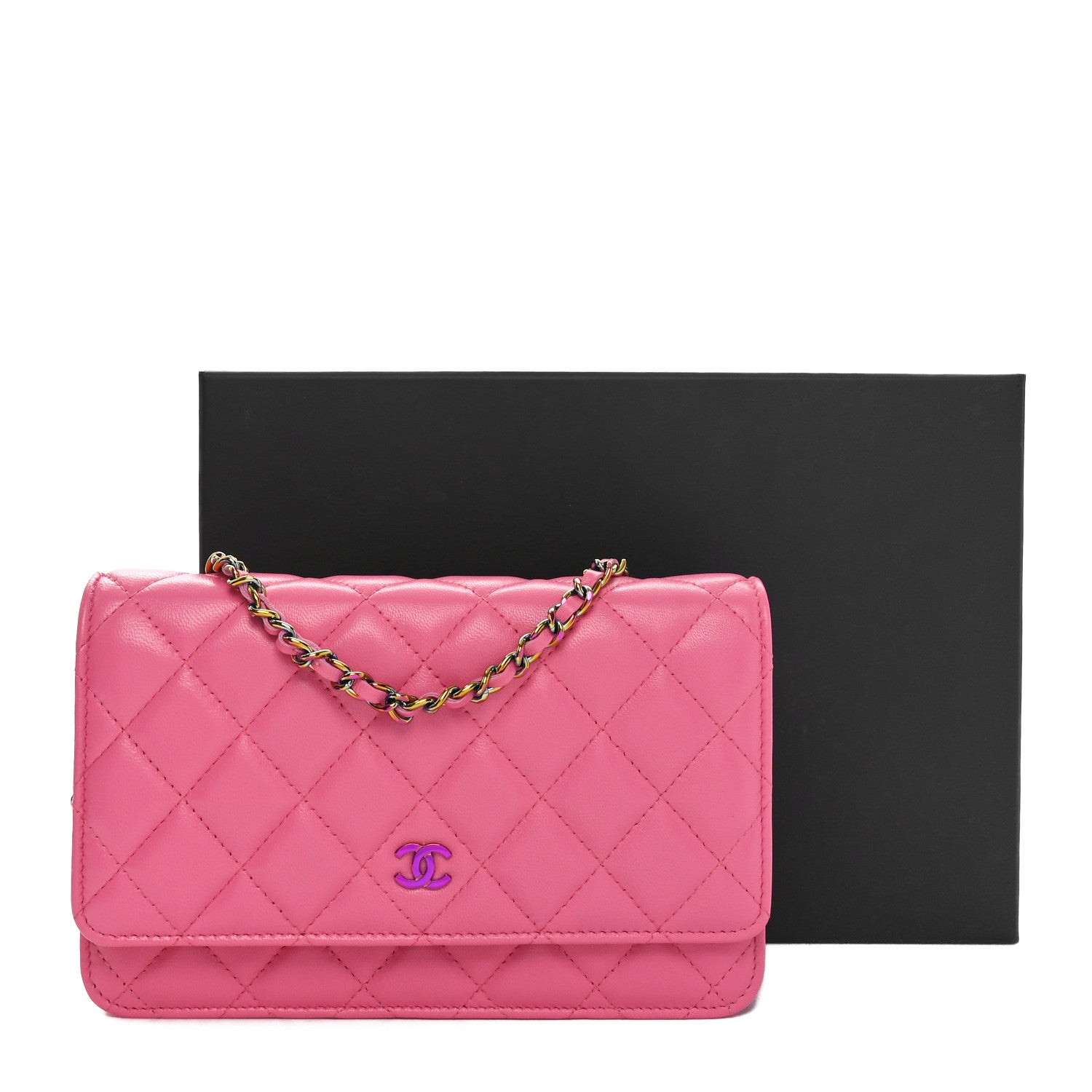 Chanel Lambskin Quilted Wallet On Chain WOC Pink Yellow 12 of 12