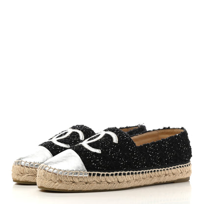 Chanel Metallic Lambskin Tweed CC Espadrilles 39 Black Silver 3 of 9