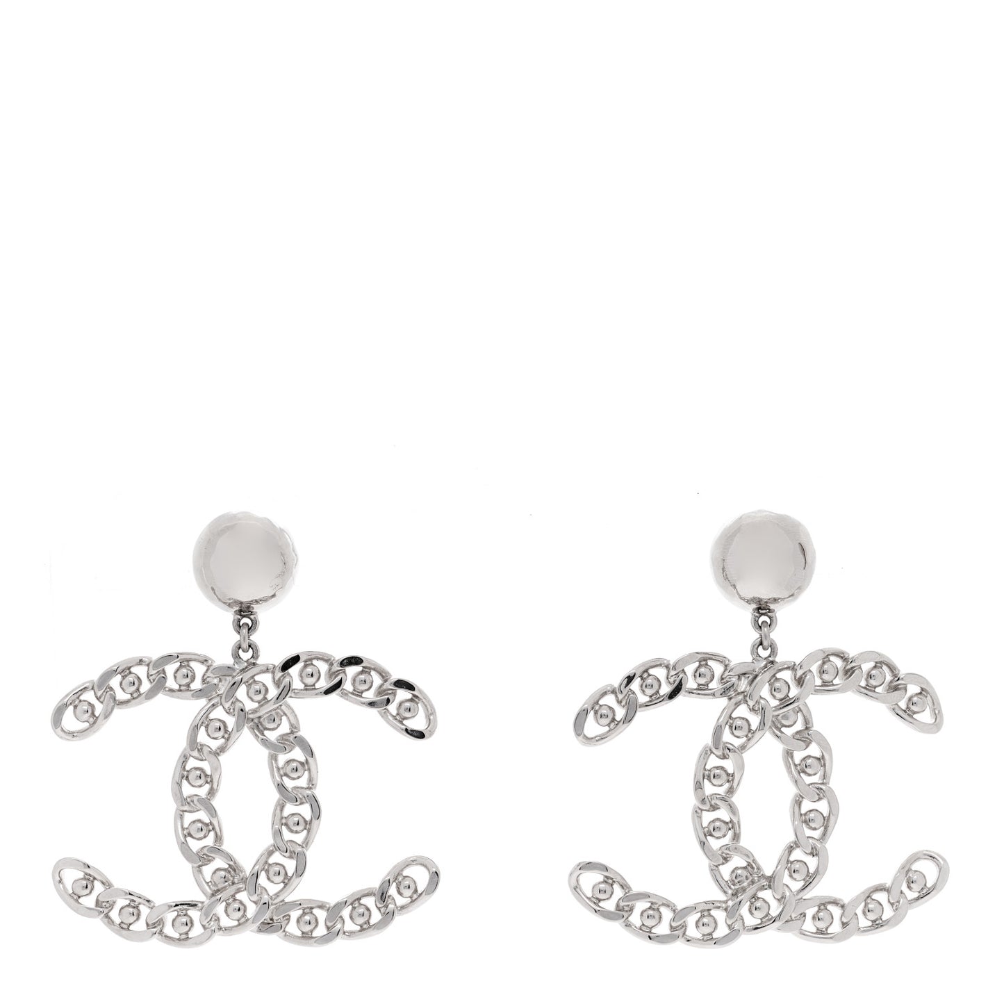 Pearl Chain Link CC Drop Earrings Silver