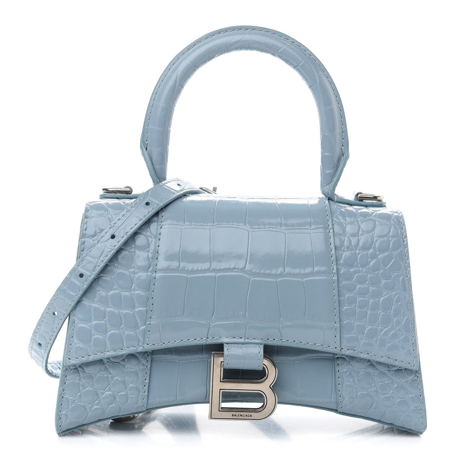 Balenciaga Shiny Calfskin Crocodile Embossed Hourglass Top Handle Bag XS Blue Grey 1 of 8
