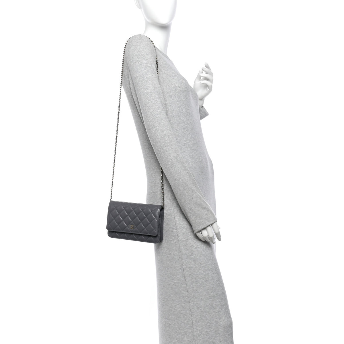 Caviar Quilted Wallet on Chain WOC Grey