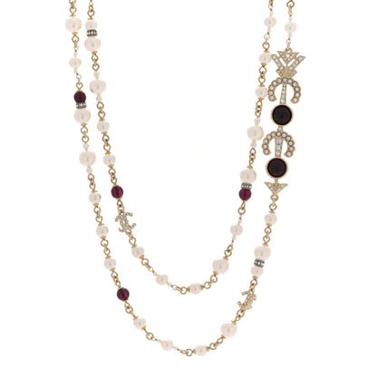 Chanel Pearl Crystal Queen of France Multi Strand Necklace Gold Red 1 of 6