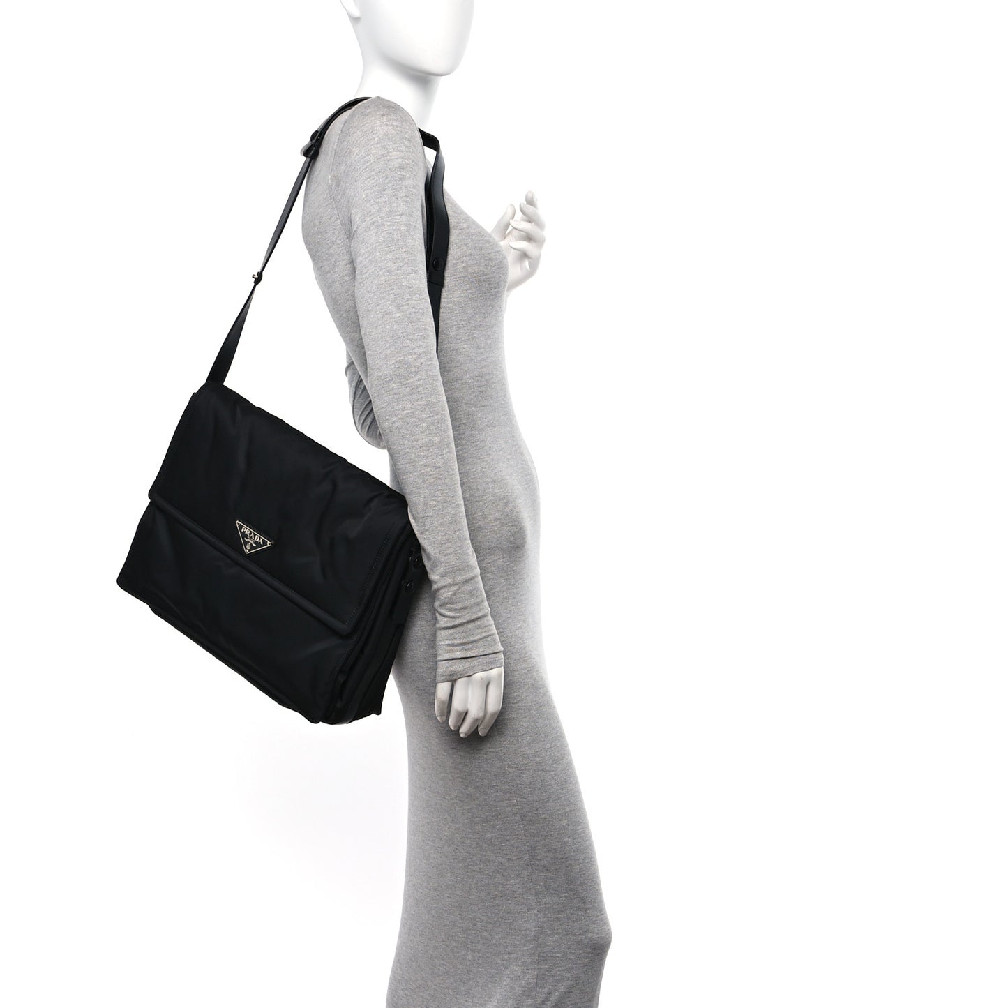 Re-Nylon Vitello Padded Large Flap Shoulder Bag Black