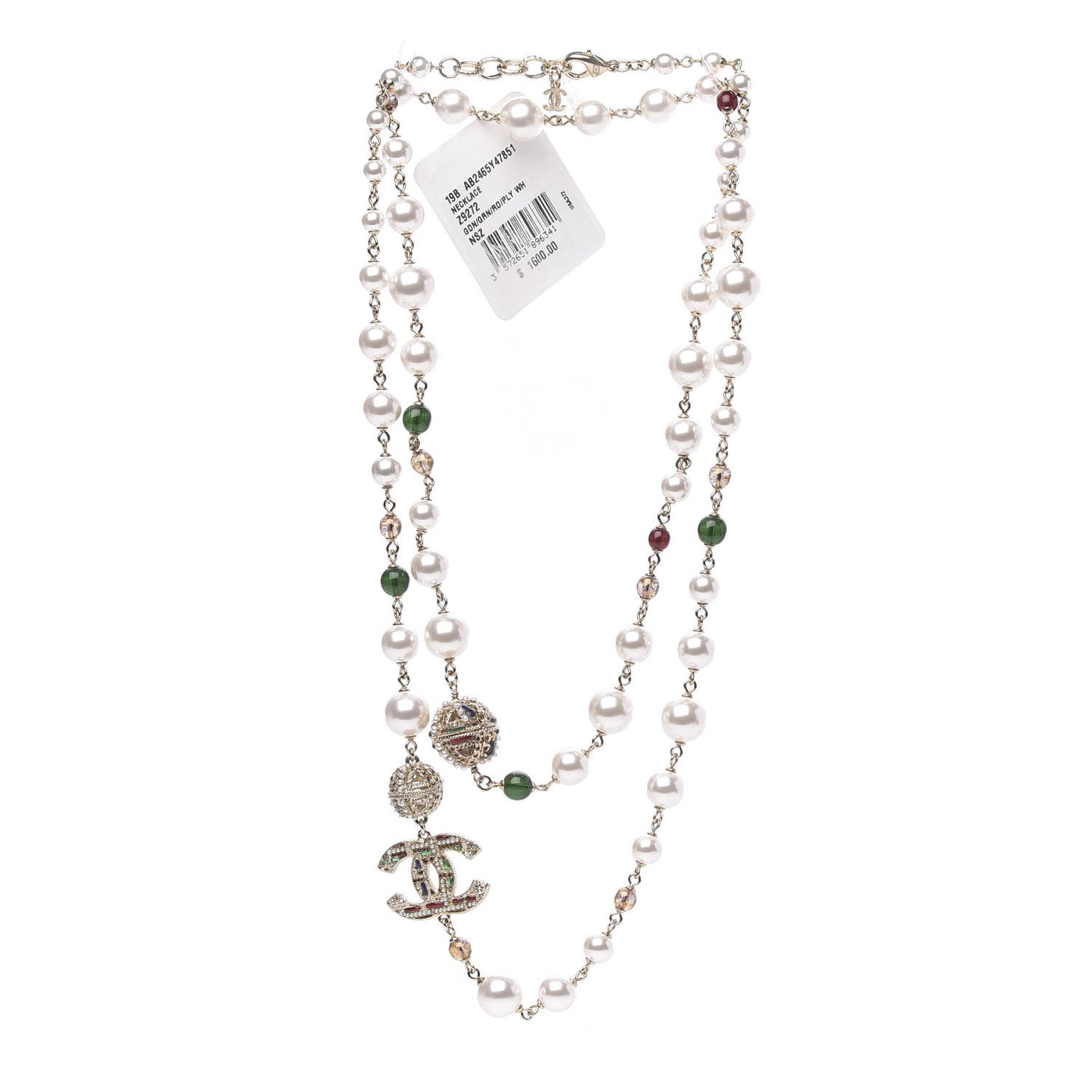 Pearl Bead Tweed Effect CC Long Necklace Gold Green Red
