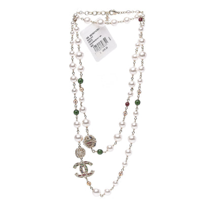 Chanel Pearl Bead Tweed Effect CC Long Necklace Gold Green Red 3 of 5
