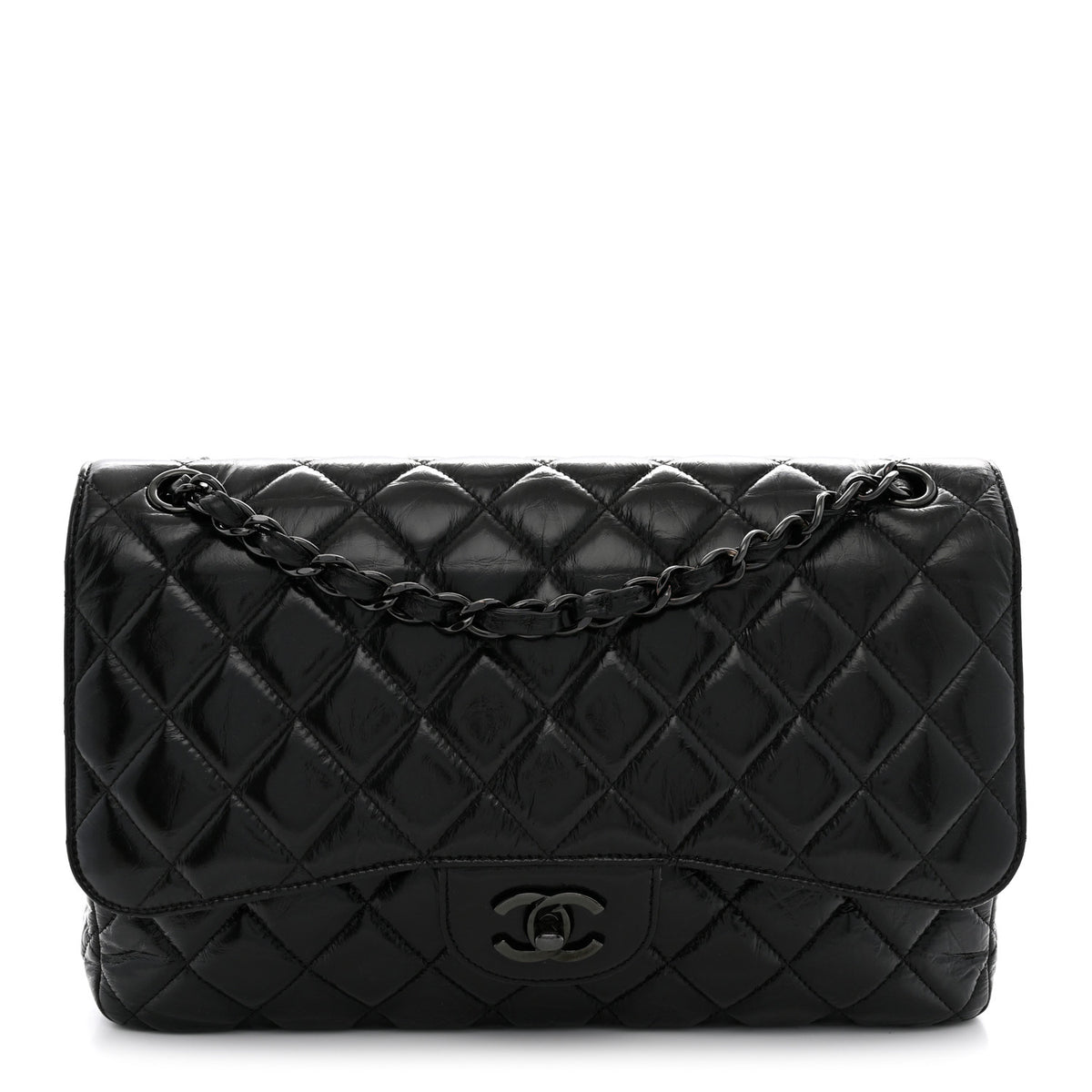 Shiny Distressed Calfskin Quilted Jumbo Double Flap So Black