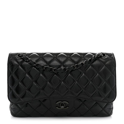 Chanel Shiny Distressed Calfskin Quilted Jumbo Double Flap So Black 1 of 10