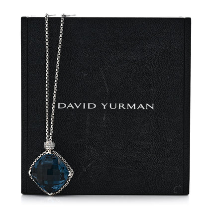 David Yurman Sterling Silver Diamond Blue Topaz 20mm Cushion on Point Drop Pendant Necklace 8 of 8
