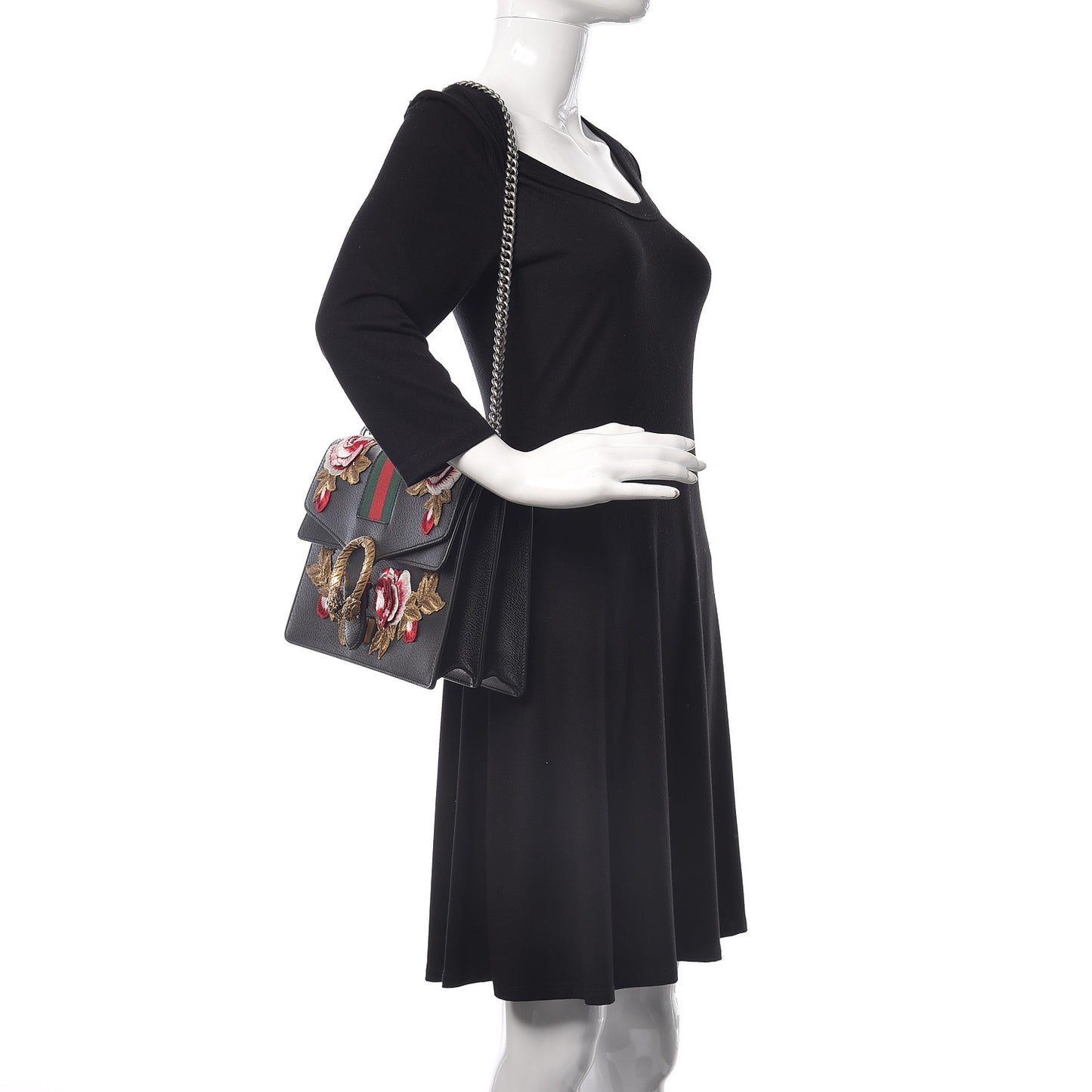 Calfskin Web Floral Embroidered Medium Dionysus Shoulder Bag Black
