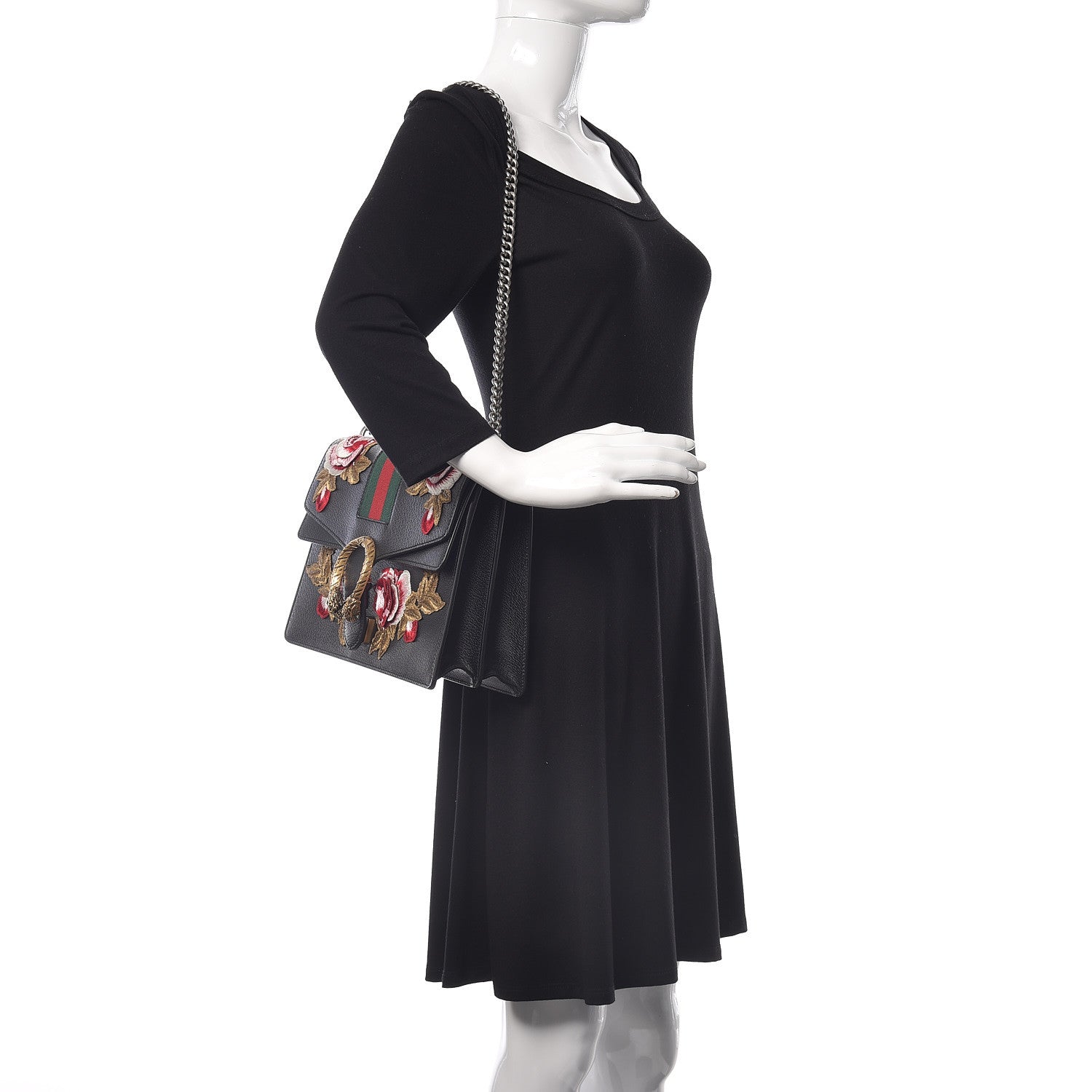 Gucci Calfskin Web Floral Embroidered Medium Dionysus Shoulder Bag Black 2 of 10