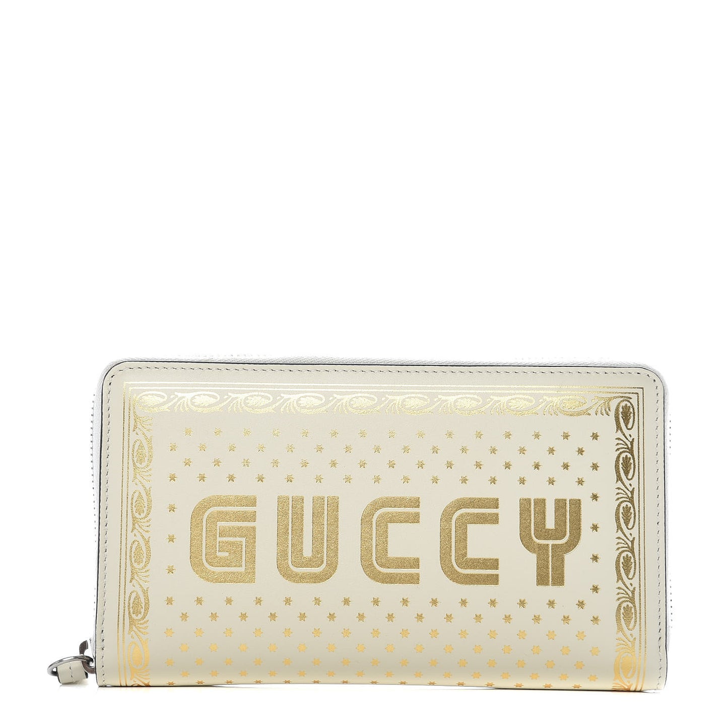 X SEGA Calfskin GUCCY Stars Zip Around Wallet Mystic White Gold