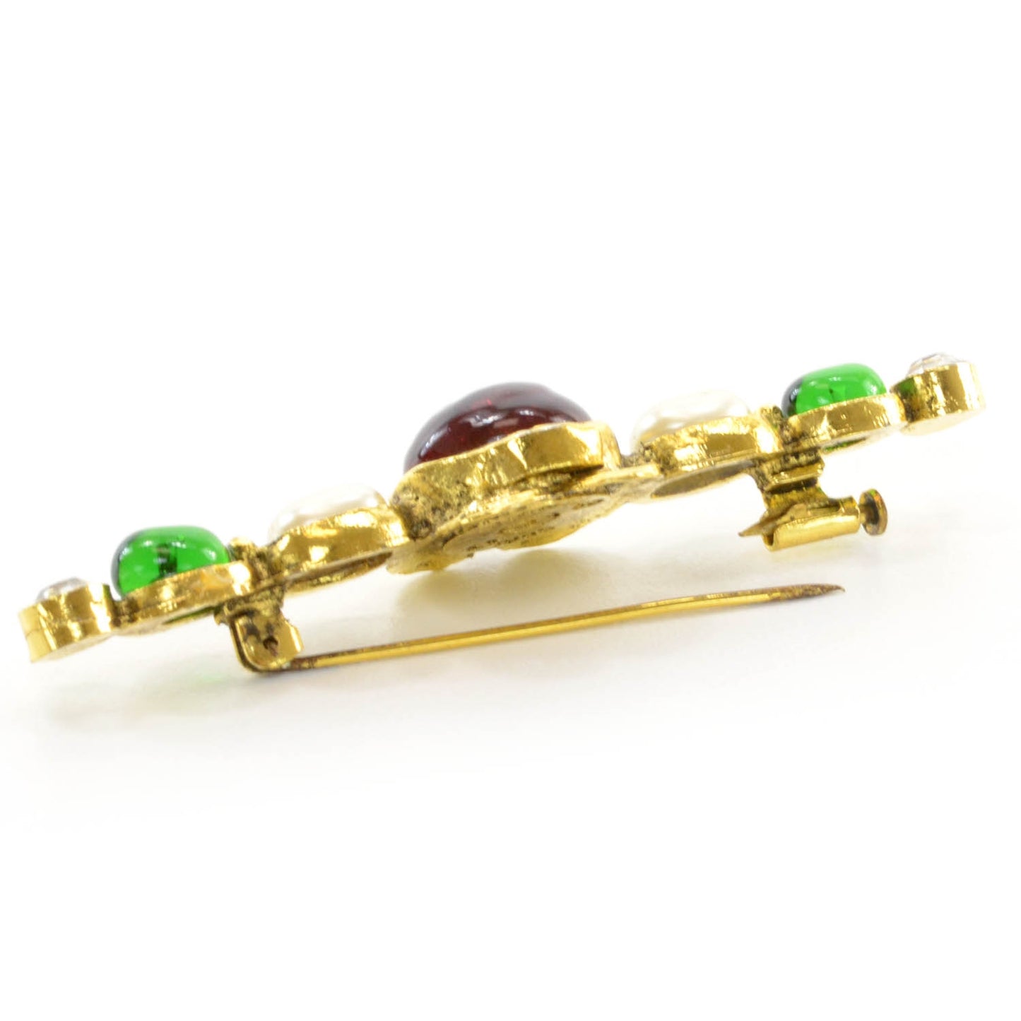 Gripoix Poured Glass Crystal Pearl Brooch Gold