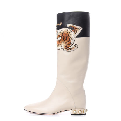 Gucci Nappa Pearl Tiger Embroidered Knee High Boots 39 Mystic White Black 1 of 9